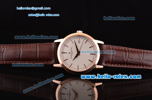 Vacheron Constantin Patrimony Swiss ETA 2836 Automatic Rose Gold Case with Stick Markers White Dial and Brown Leather Strap - Click Image to Close